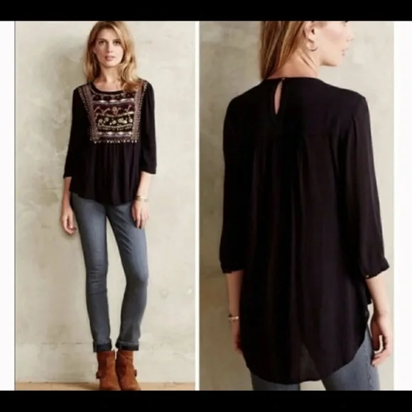 Anthropologie HD in Paris Ari peasant boho embellished blouse gauzy light 10 - Picture 2 of 6
